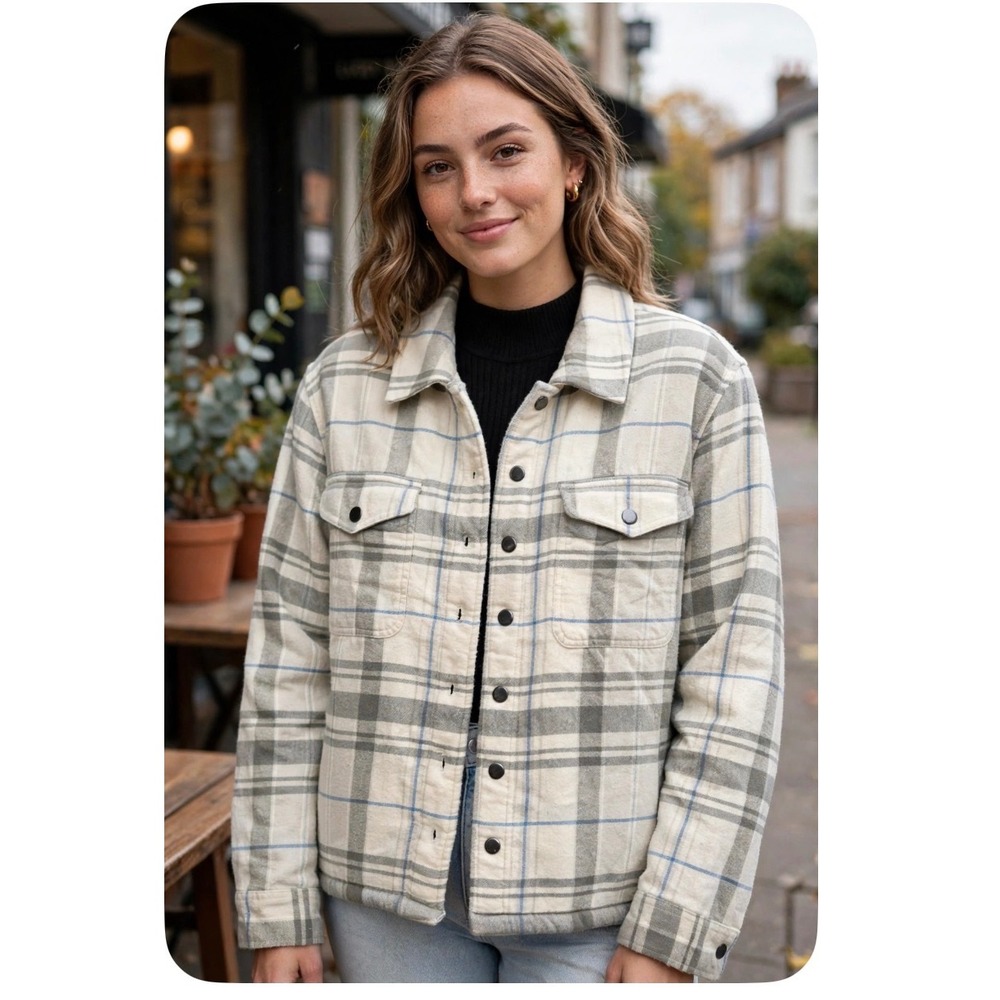 Lucky Brand Womens Plaid Sherpa Lined Shirt Jacket Cream Grey Blue Size M